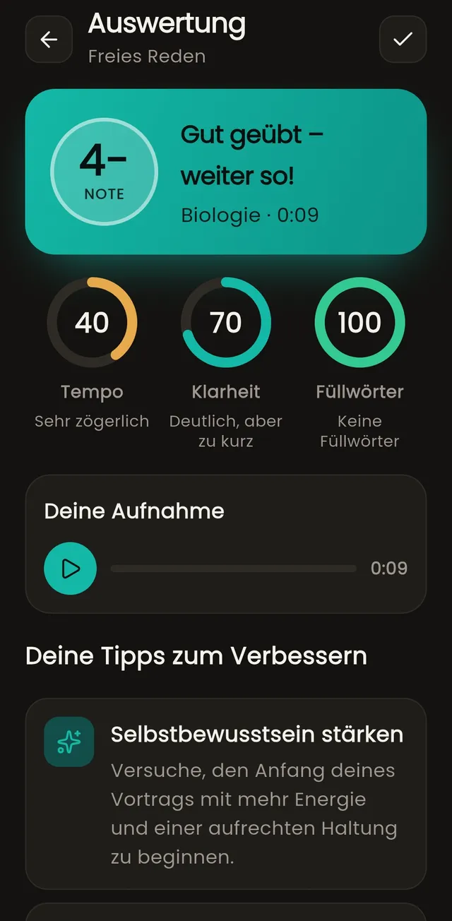 Orately-App: Übungsmodus mit Auswertung der Rede und Detailwerten zu Tempo, Klarheit und Füllwörtern