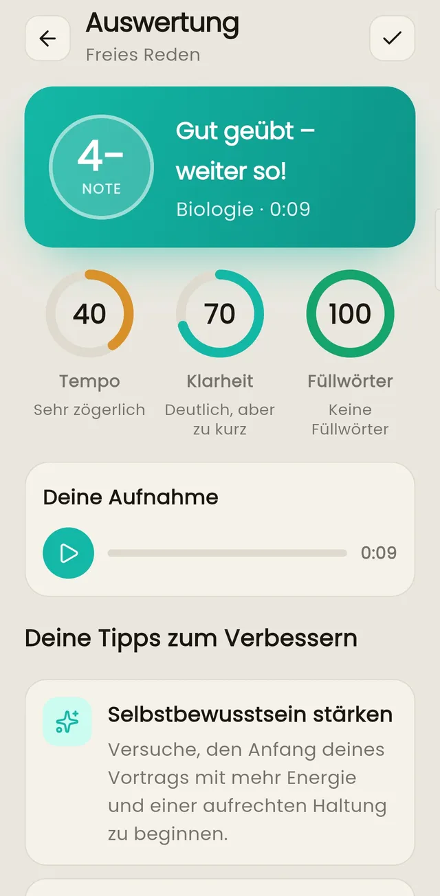 Orately-App: Übungsmodus mit Auswertung der Rede und Detailwerten zu Tempo, Klarheit und Füllwörtern